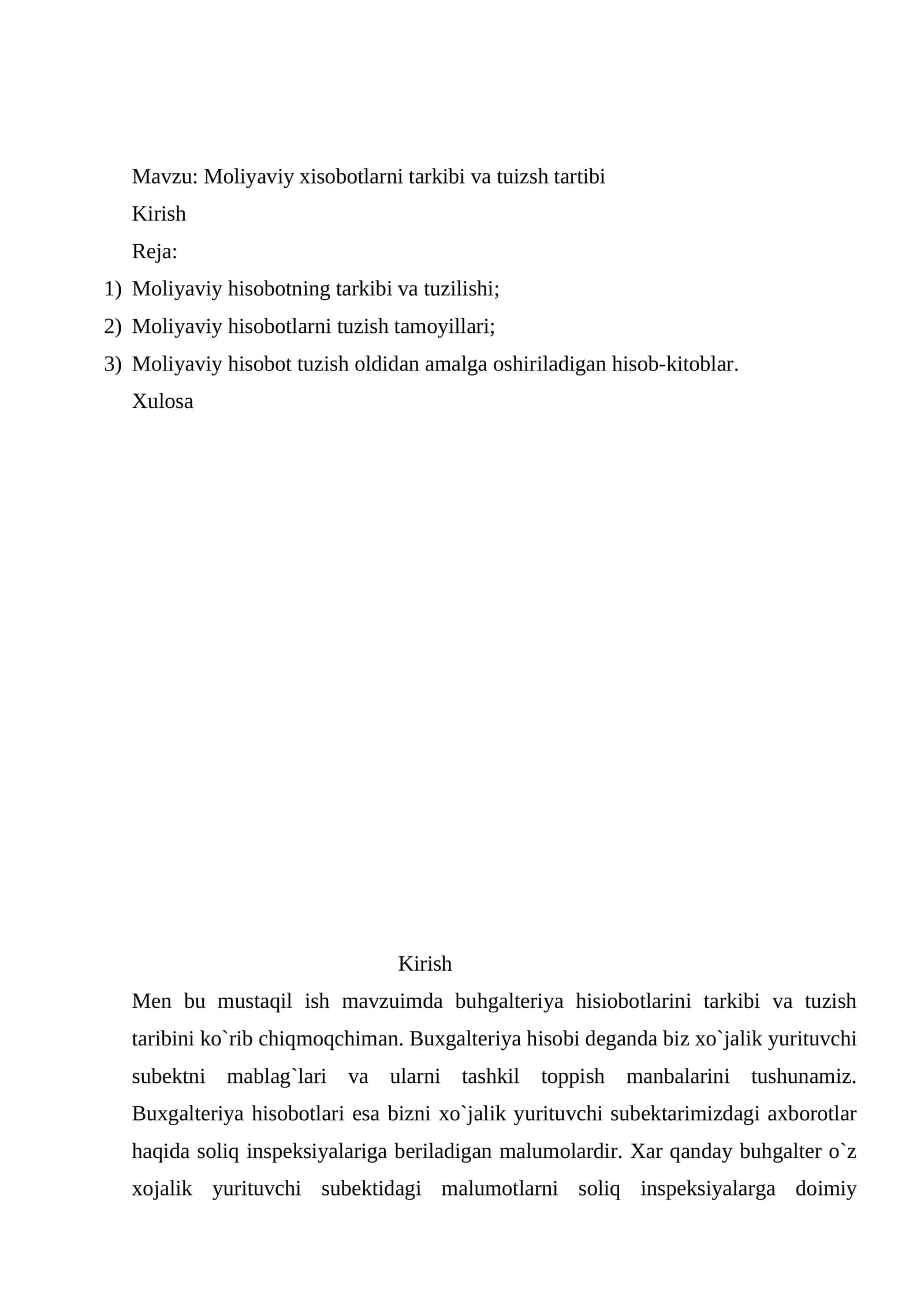 Moliyaviy xisobotlarni tarkibi va tuizsh tartibi