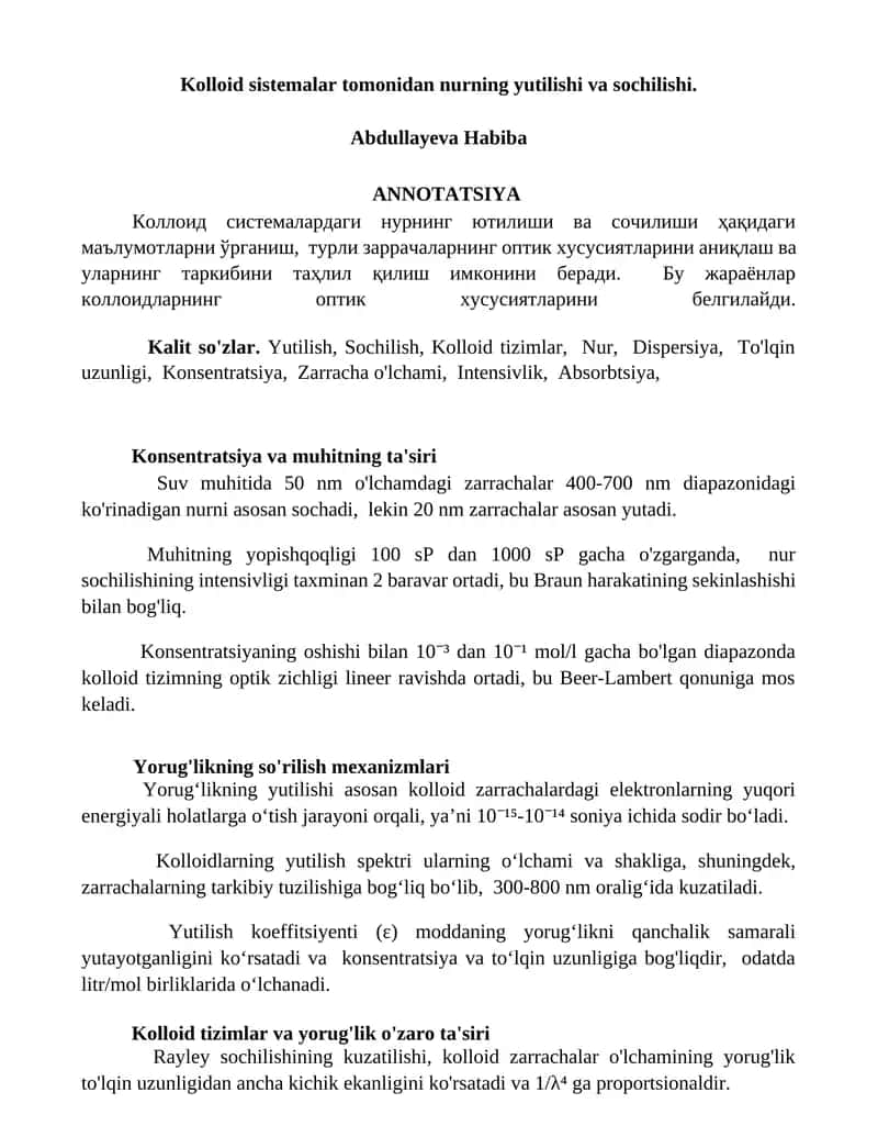 Kolloid Tizimlar va Nurlarning Yutilishi