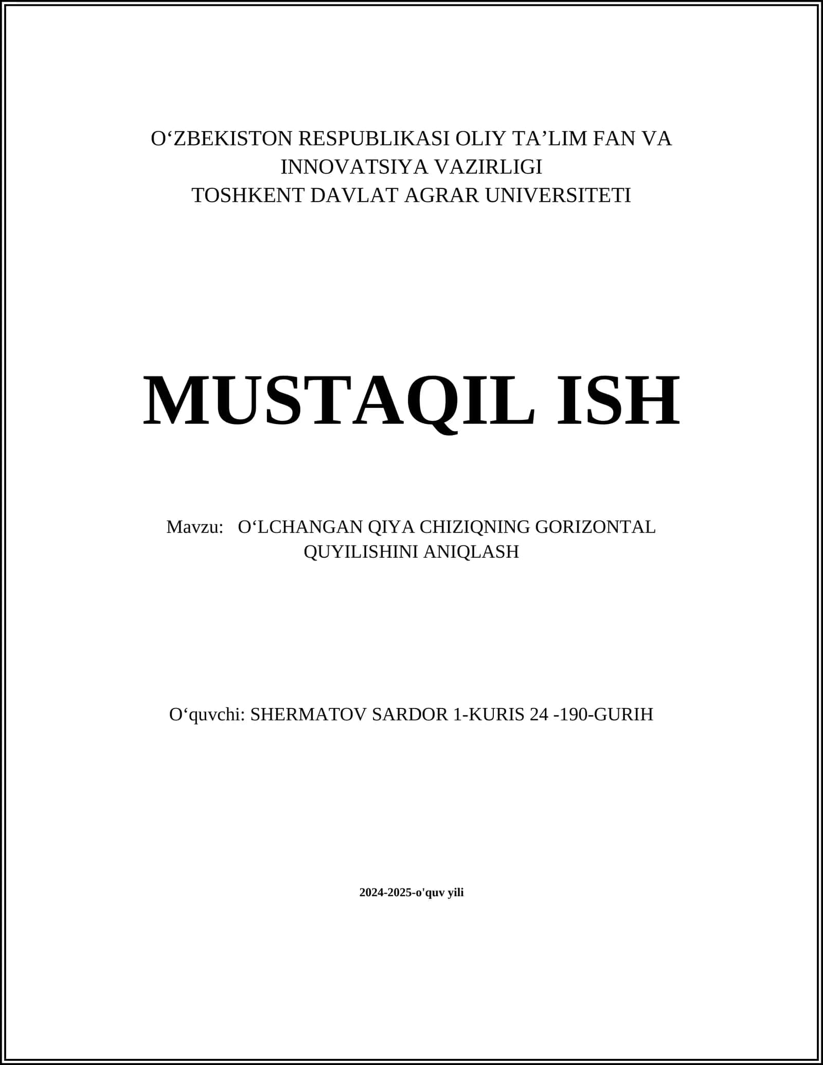 O‘lchangan Qiya Chiziqning Gorizontal Quyilishini Aniqlash
