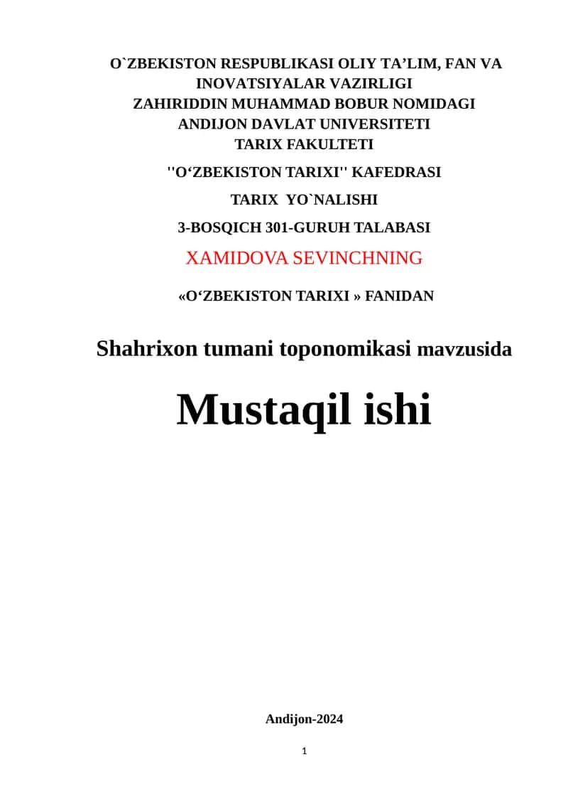Shahrixon tumani toponomikasi mavzusida