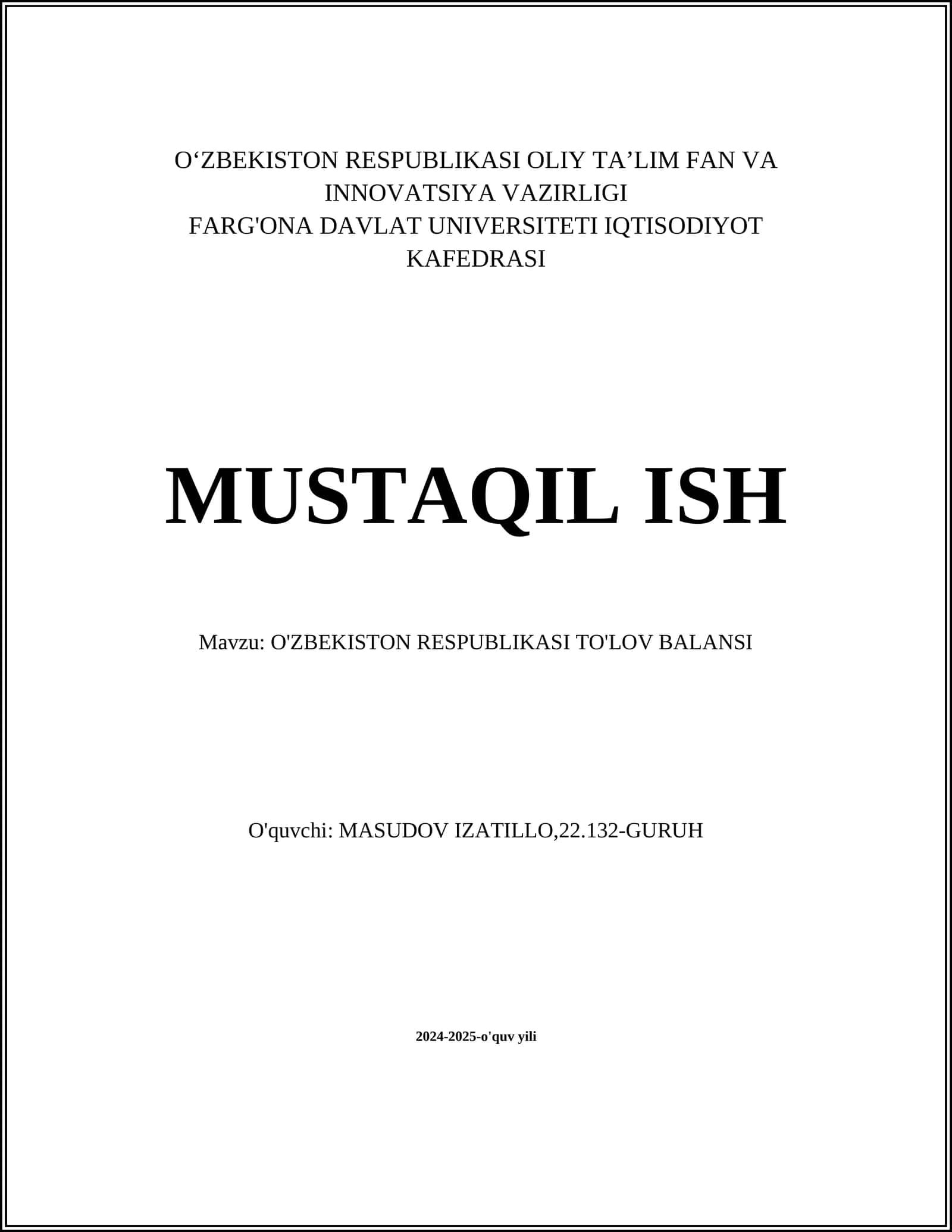 O'ZBEKISTON RESPUBLIKASI TO'LOV BALANSI