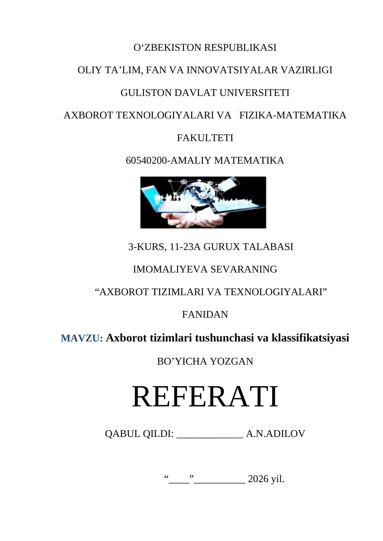 Axborot tizimlari tushunchasi va klassifikatsiyasi