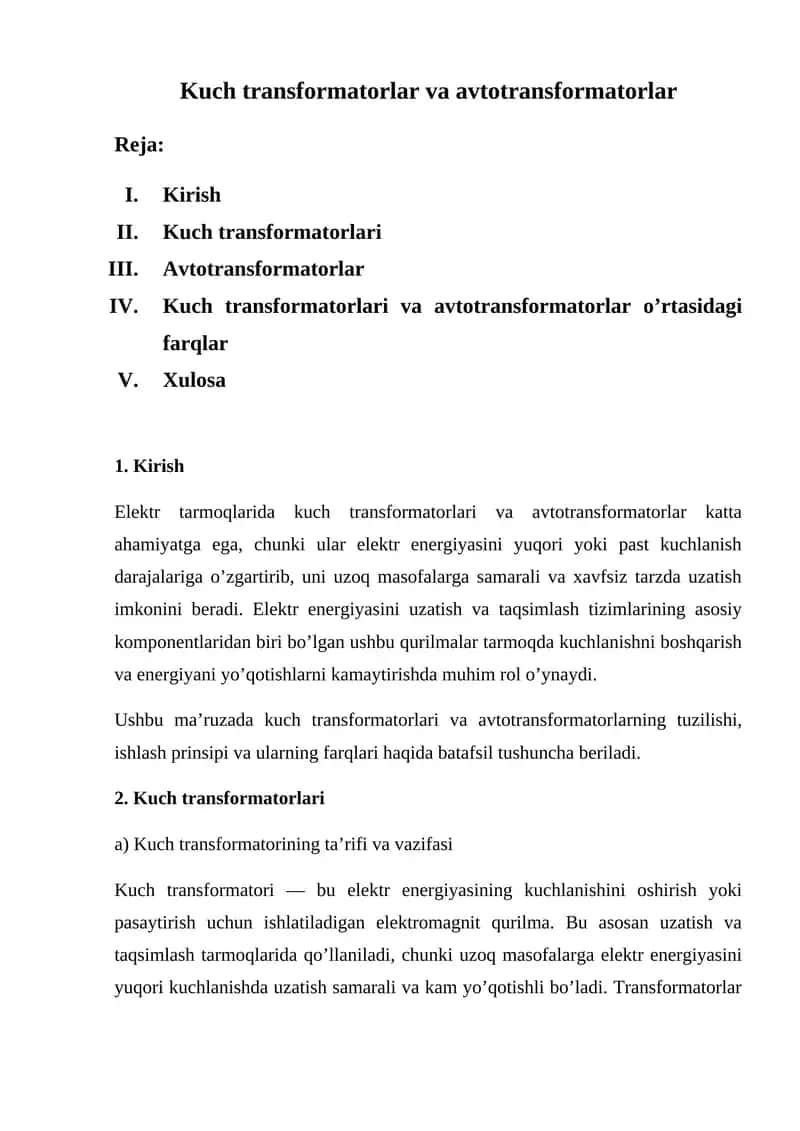 Kuch transformatorlar va avtotransformatorlar