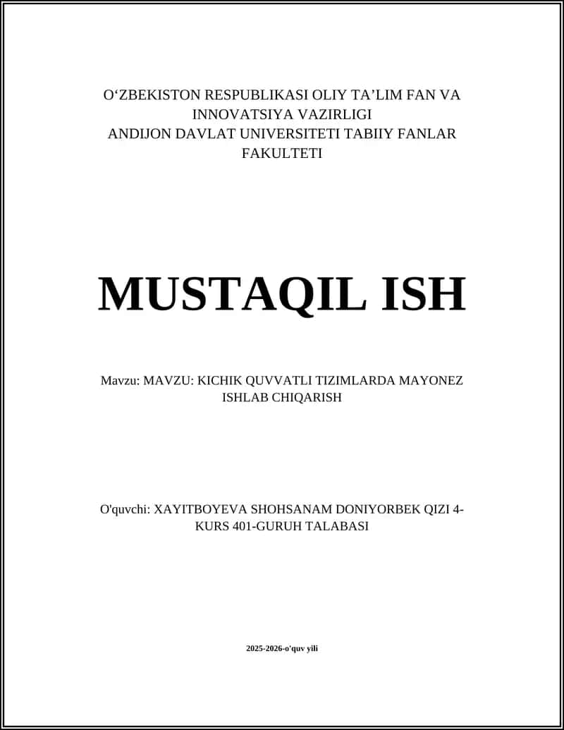 KICHIK QUVVATLI TIZIMLARDA MAYONEZ ISHLAB CHIQARISH