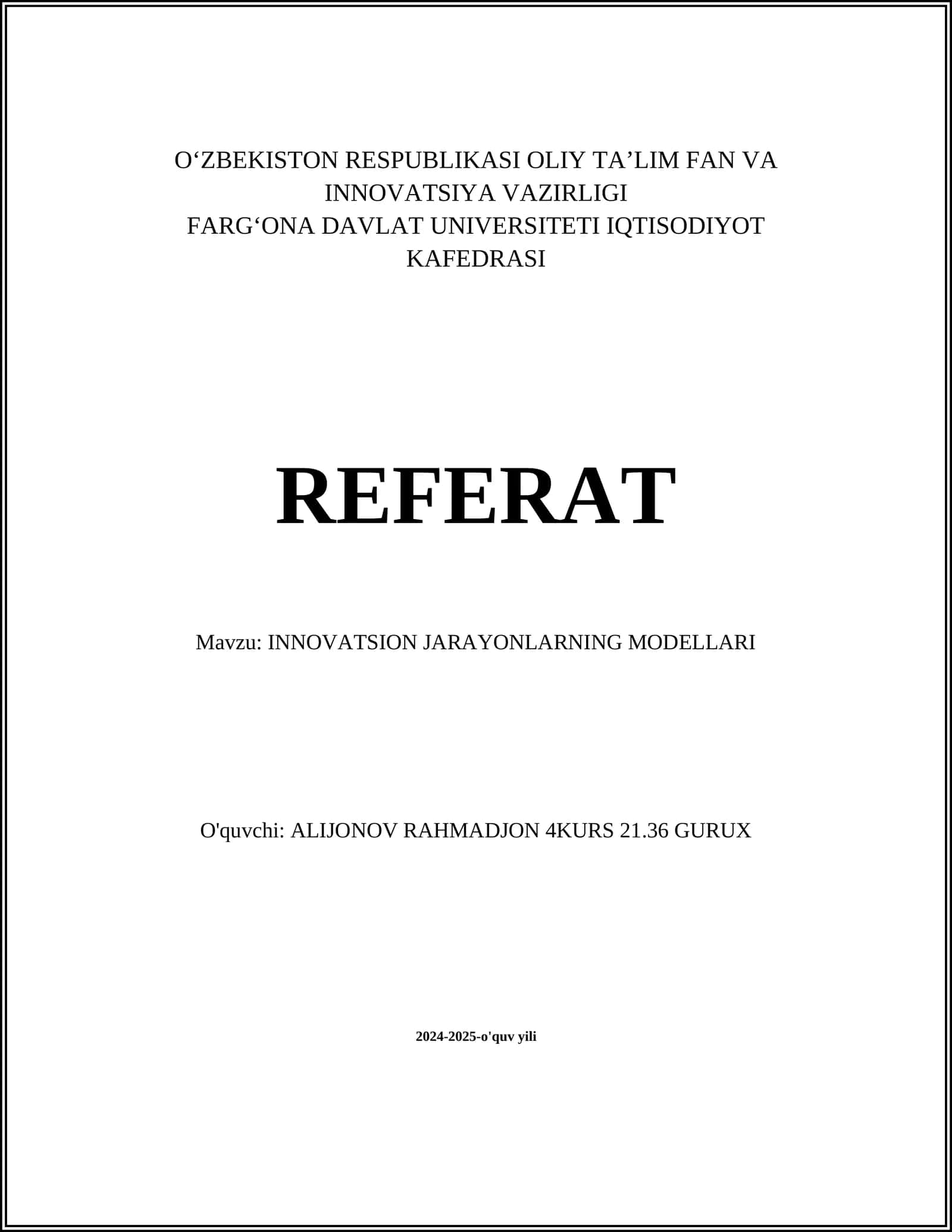 INNOVATSION JARAYONLARNING MODELLARI
