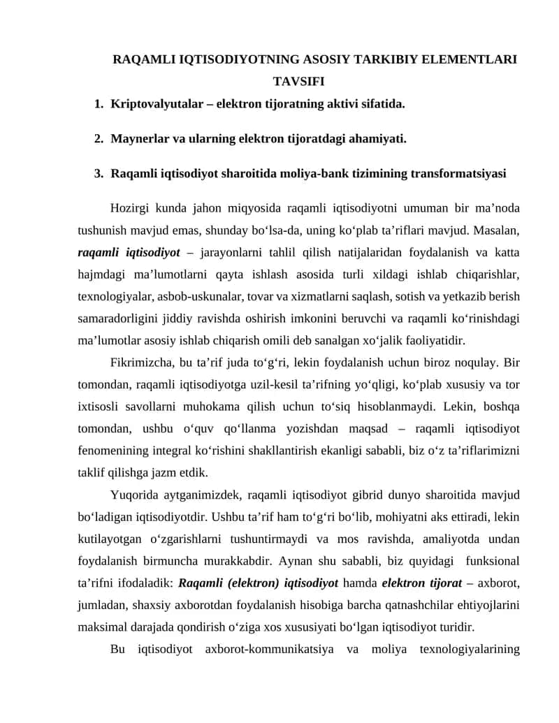 RAQAMLI IQTISODIYOTNING ASOSIY TARKIBIY ELEMENTLARI TAVSIFI