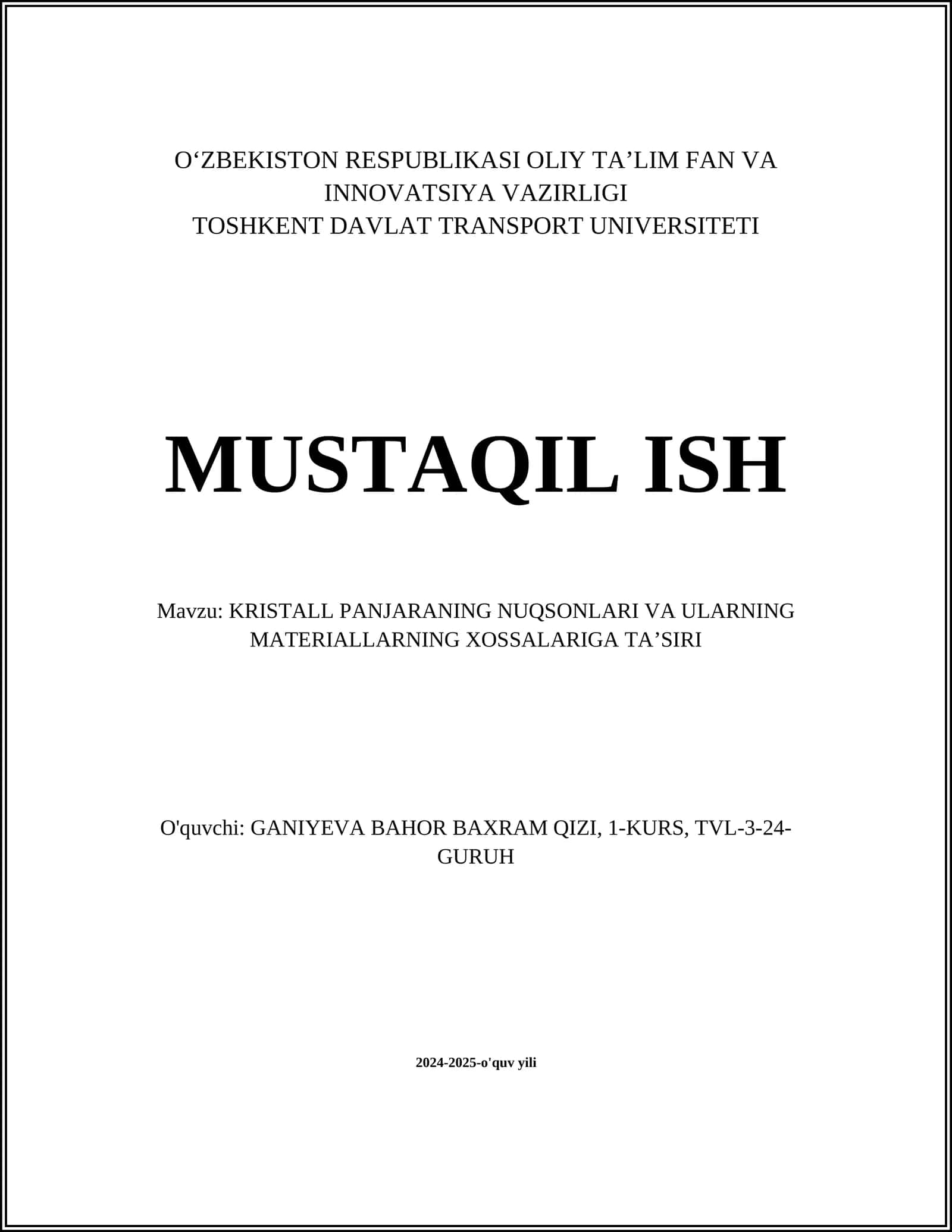 KRISTALL PANJARANING NUQSONLARI VA ULARNING MATERIALLARNING XOSSALARIGA TAʼSIRI