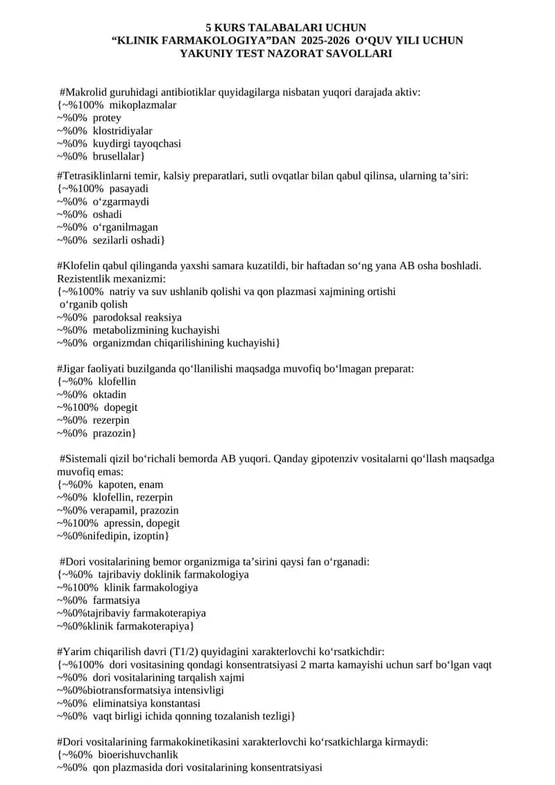 KLINIK FARMAKOLOGIYA yakuniy savollari