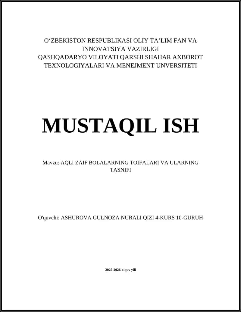 Aqli Zaif Bolalarning Toifalari va Ularning Tasnifi