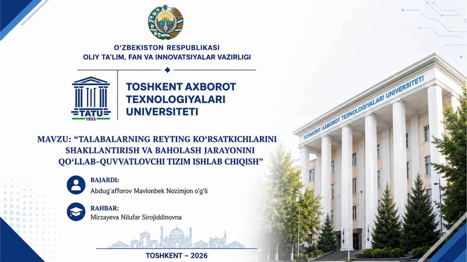 Talabalarning reyting koʻrsatkichlarini shakllantirish va baholash jarayonini qoʻllab quvvatlovchi tizim ishlab chiqish