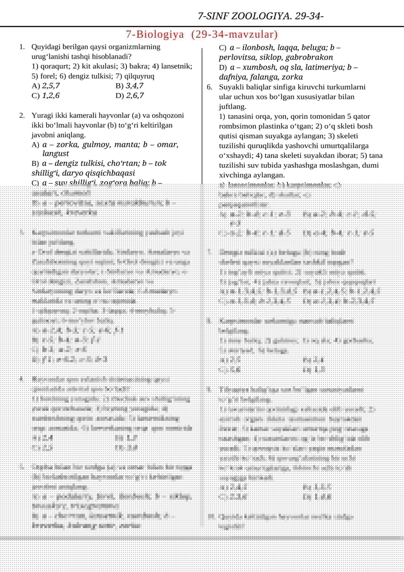 7-SINF ZOOLOGIYA. 29-34-MAVZULAR