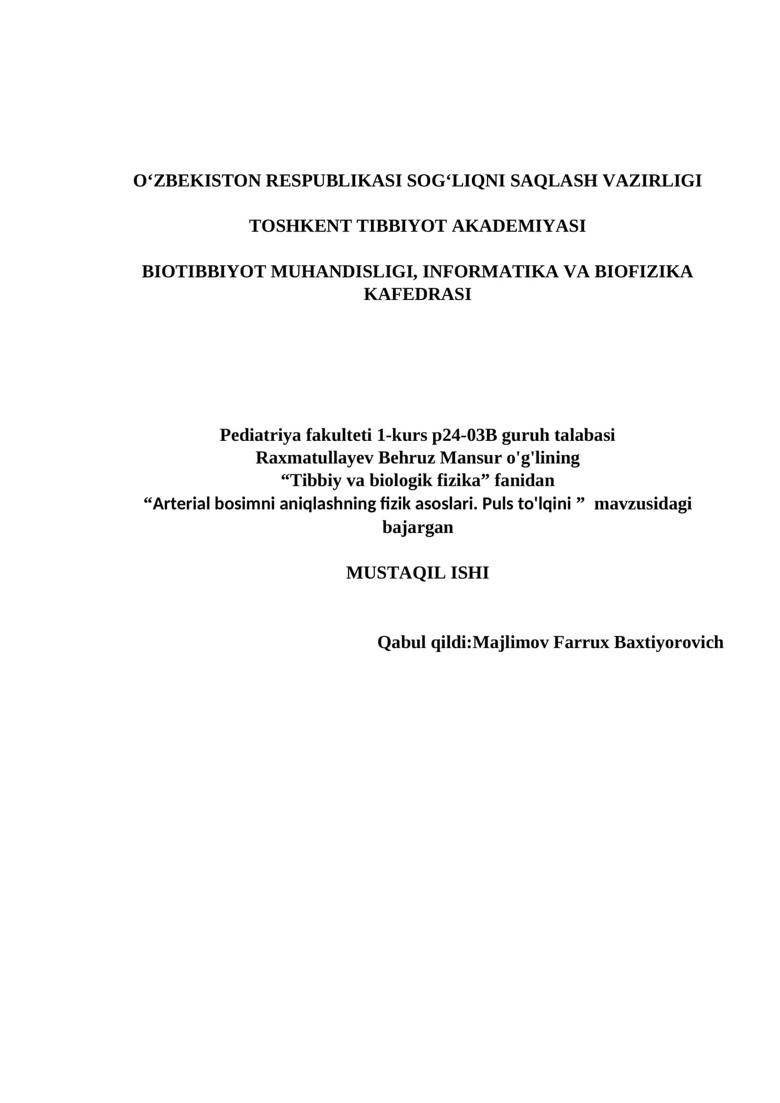 Arterial bosimni aniqlashning fizik asoslari. Puls to'lqini