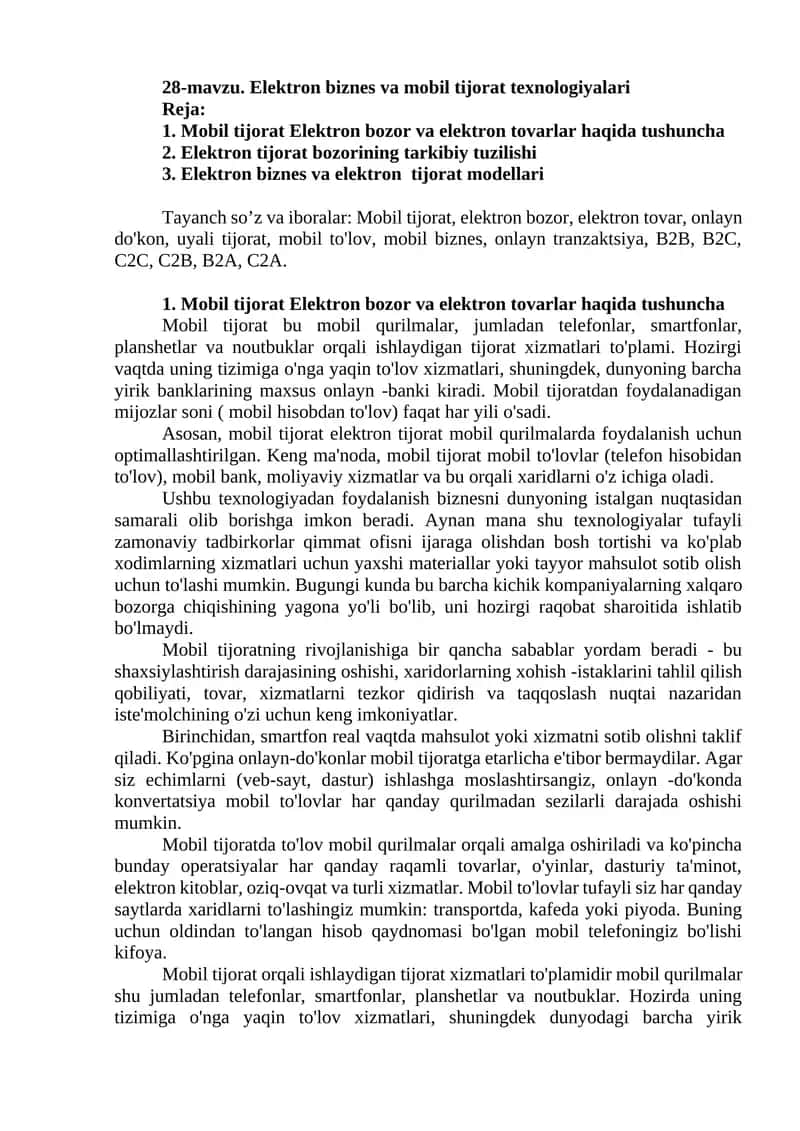 Mobil tijorat Elektron bozor va mobil tijorat texnologiyalari
