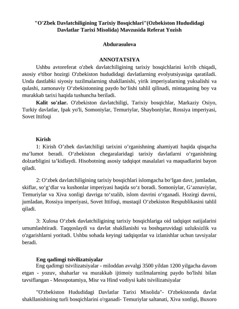 O'Zbek Davlatchiligining Tarixiy Bosqichlari