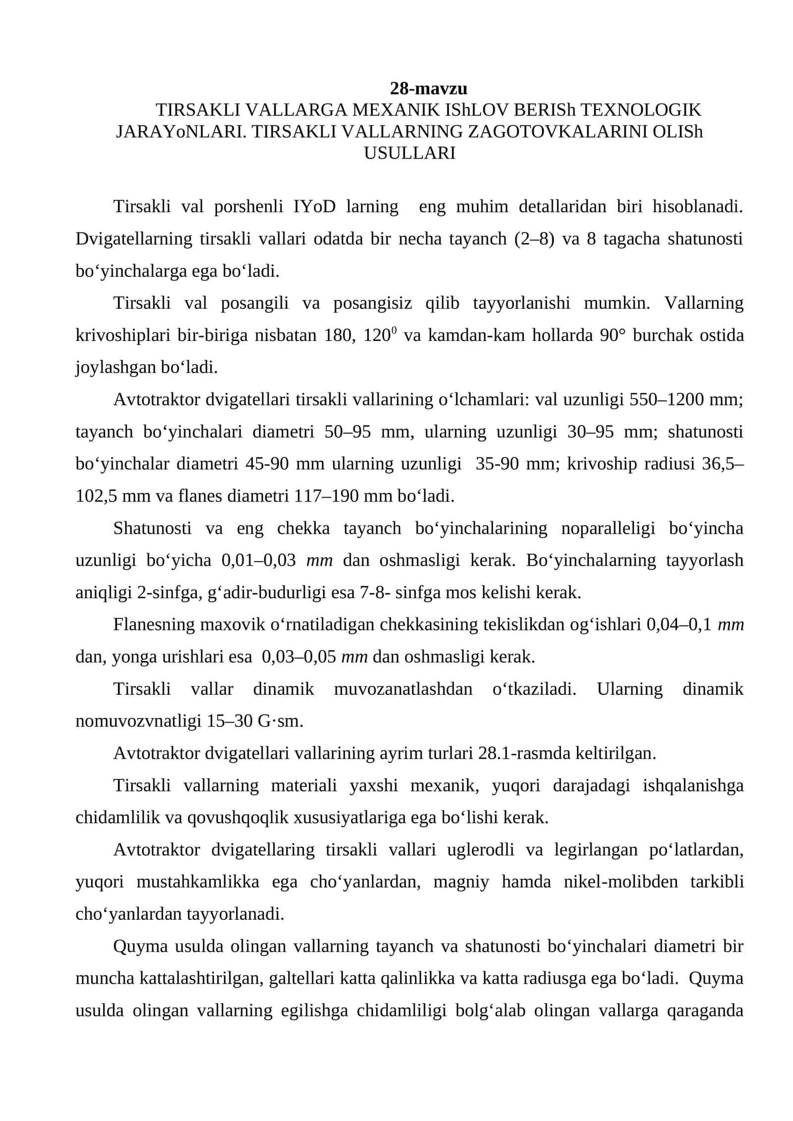 TIRSAKLI VALLARGA MEXANIK IShLOV BERISh TEXNOLOGIK JARAYoNLARI