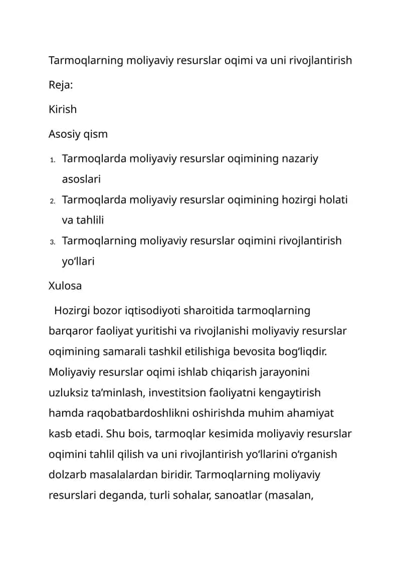 Tarmoqlarning moliyaviy resurslar oqimi va uni rivojlantirish