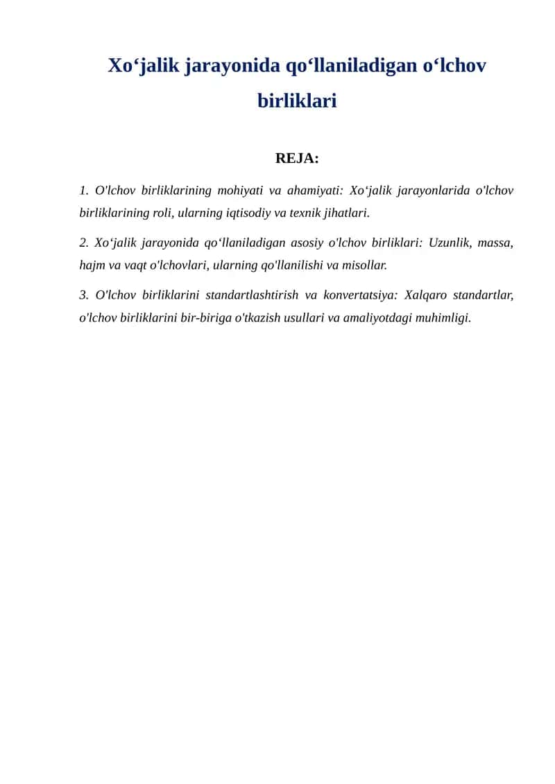 Xoʻjalik jarayonida qoʻllaniladigan oʻlchov birliklari