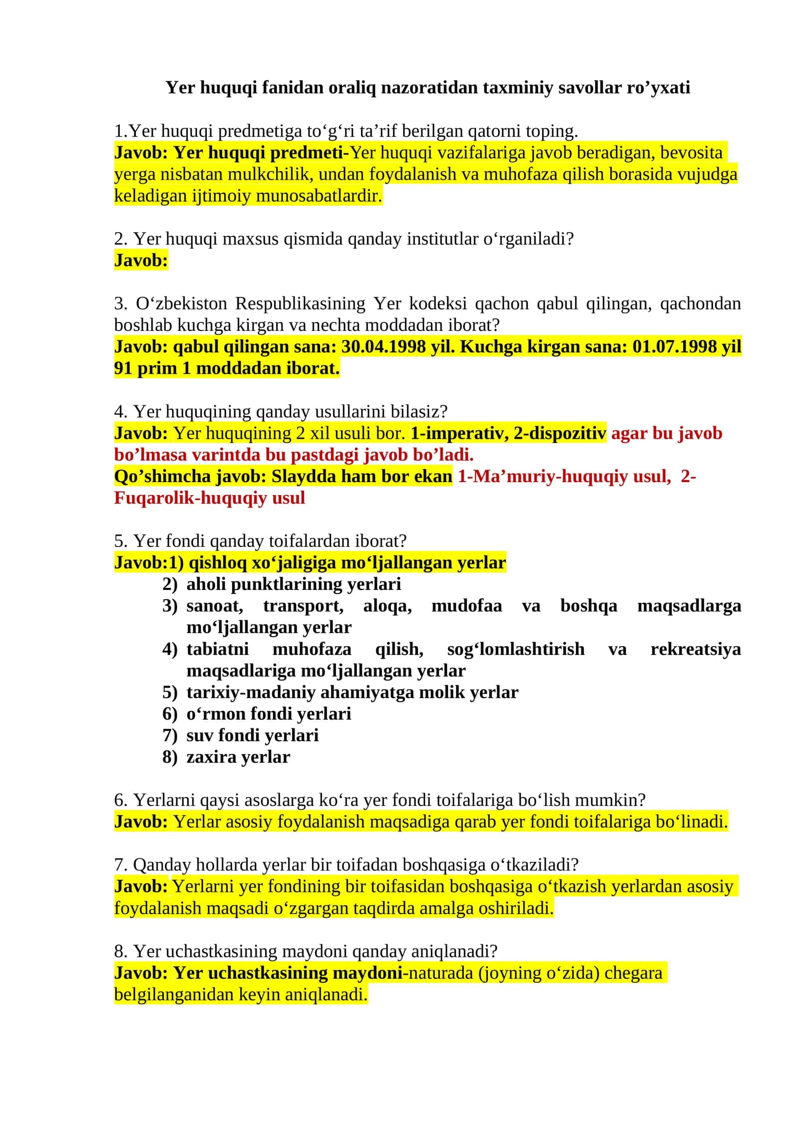 Yer huquqi fanidan oraliq nazoratidan taxminiy savollar ro’yxati