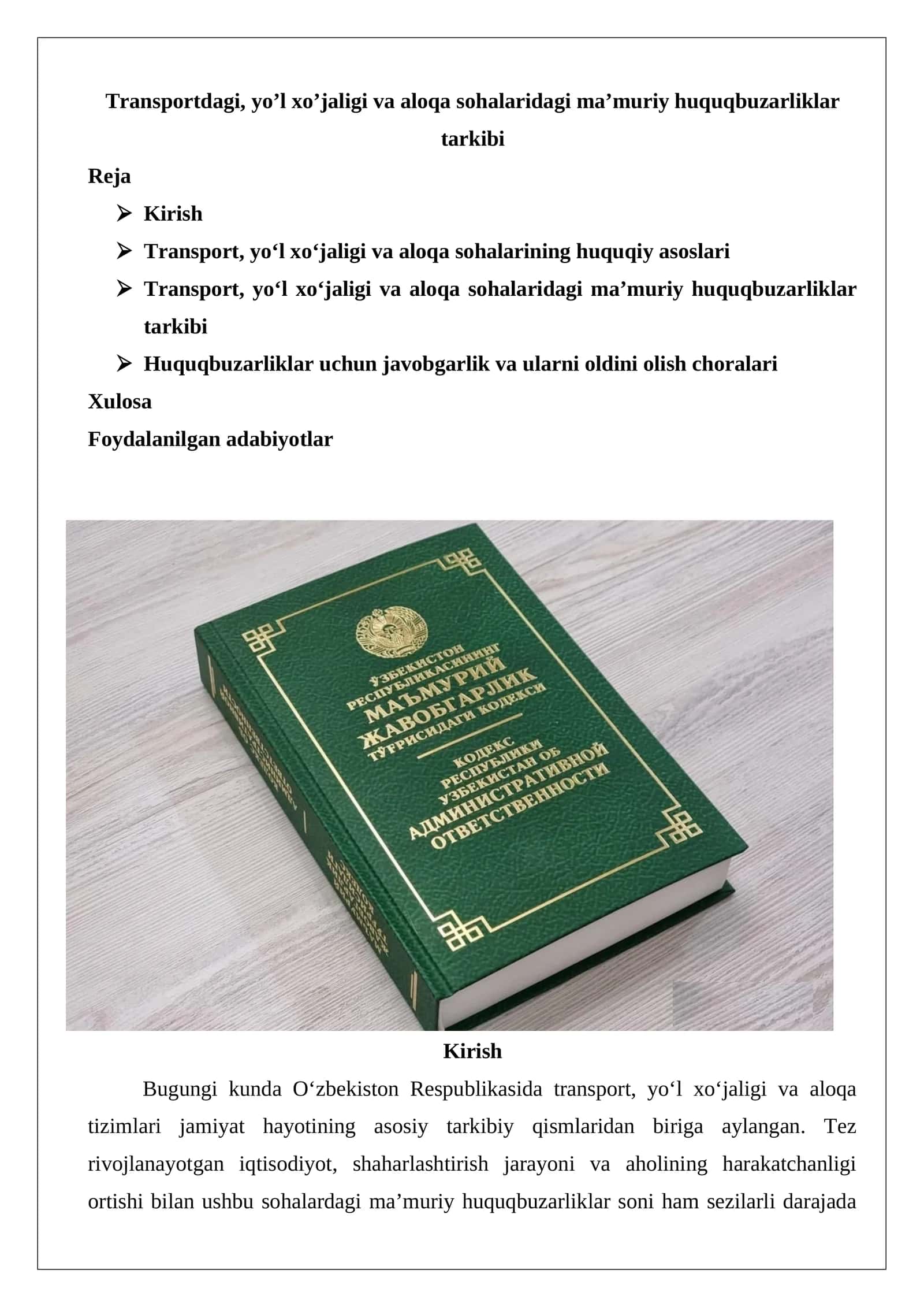 Transportdagi, yo’l xo’jaligi va aloqa sohalaridagi ma’muriy huquqbuzarliklar tarkibi