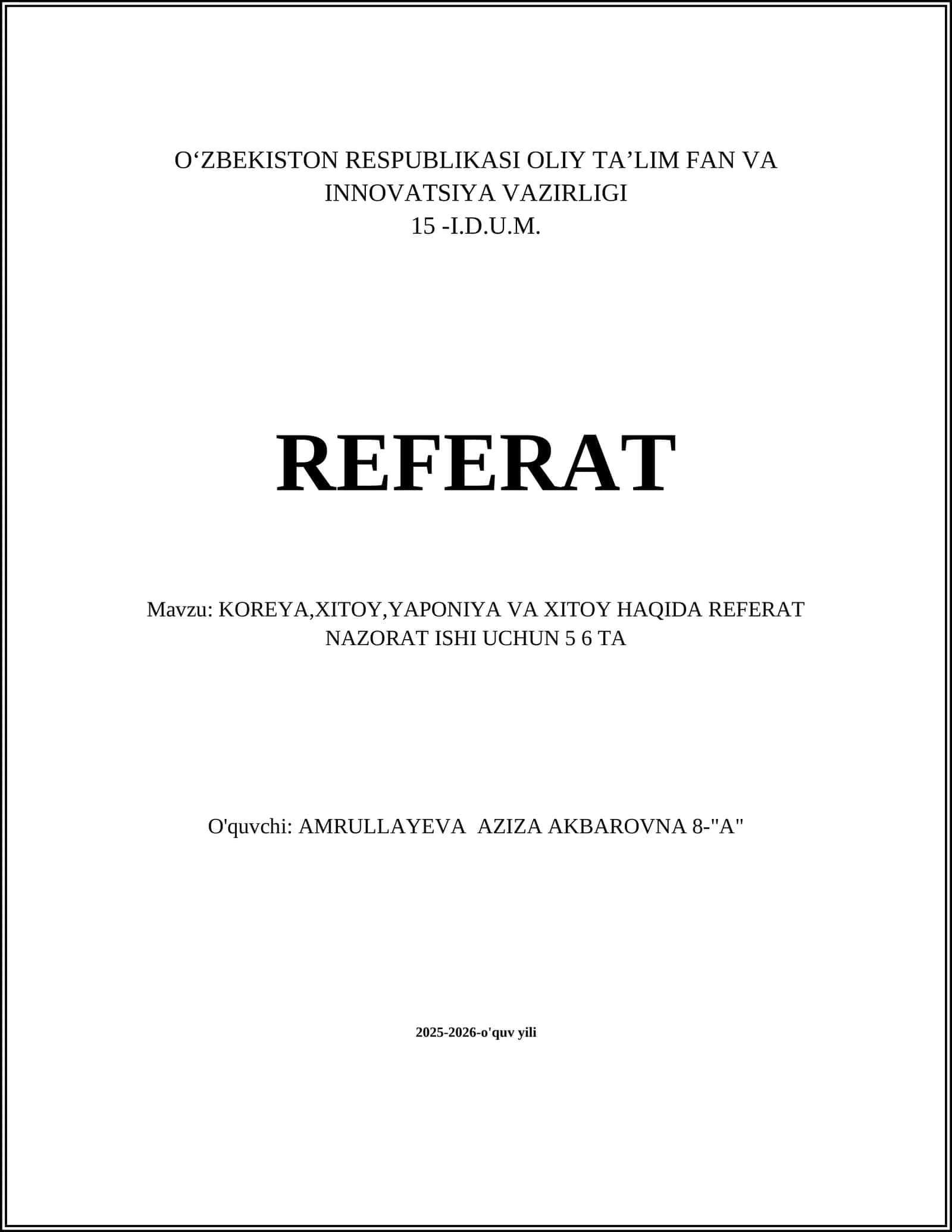 Koreya, Xitoy, Yaponiya va Xitoy Haqida Referat