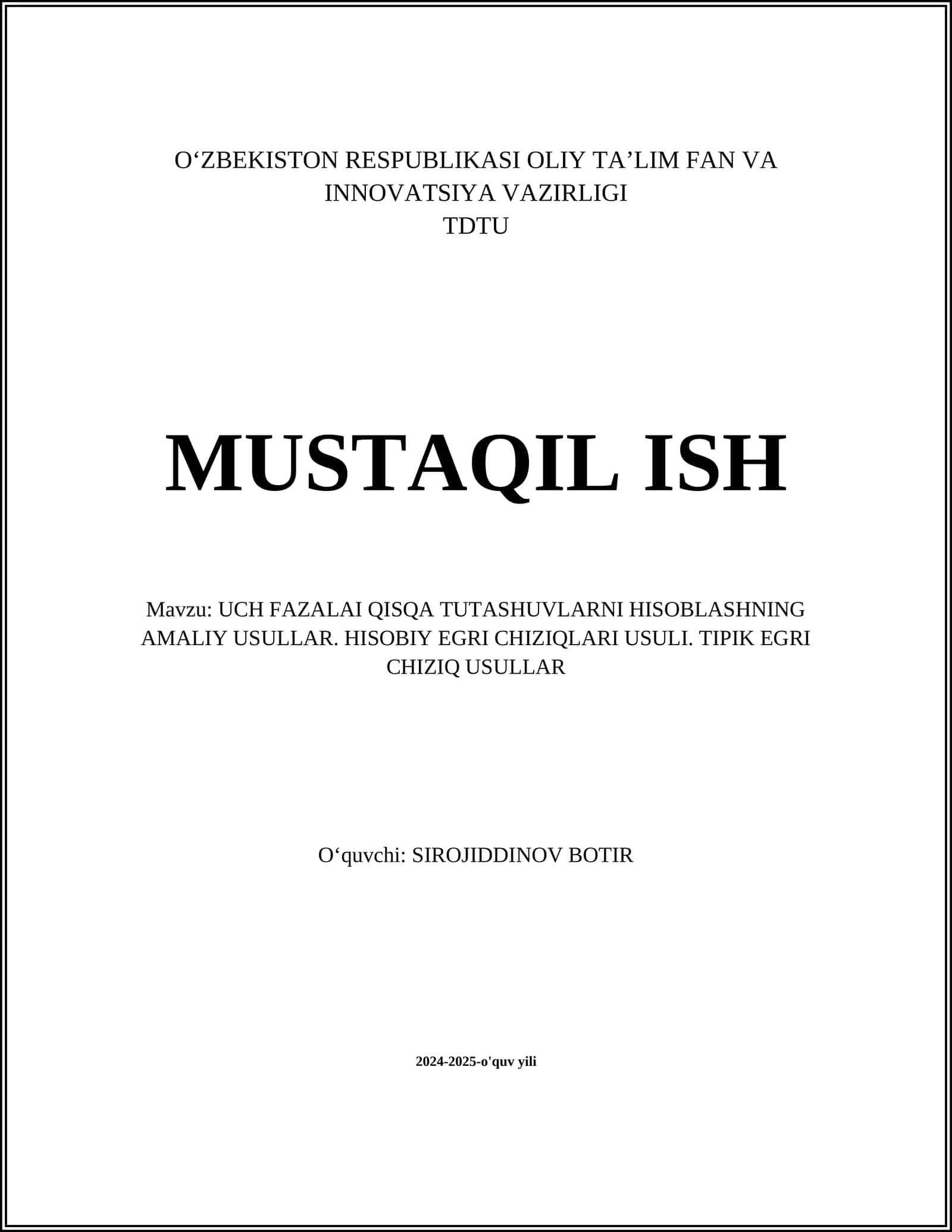 UCH FAZALAI QISQA TUTASHUVLARNI HISOBLASHNING AMALIY USULLAR