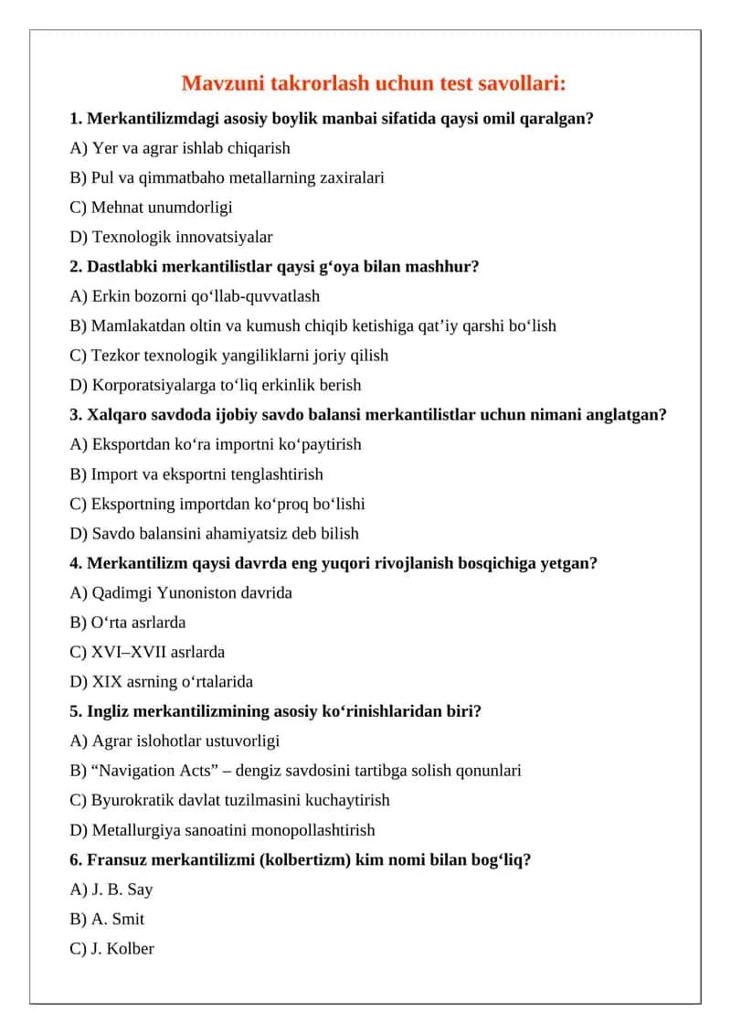 Test savollari Merkantilizm bo'yicha 20 ta javoblari bilan