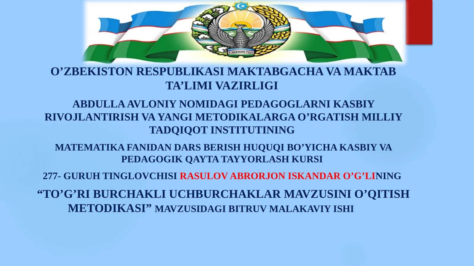 Taqdimot matematikadan to'g'ri burchakli uchburchak