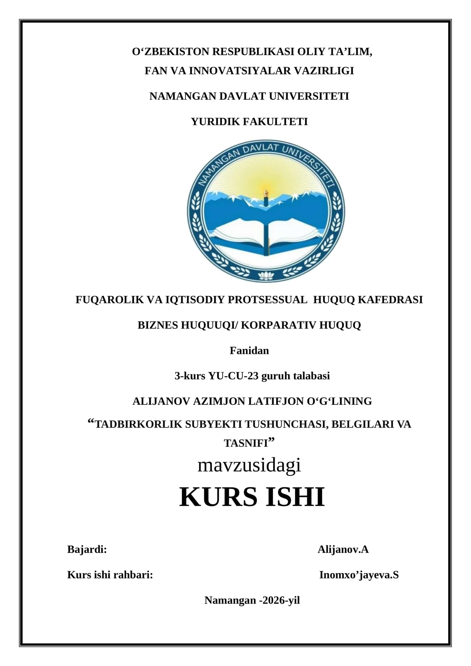 TADBIRKORLIK SUBYEKTI TUSHUNCHASI, BELGILARI VA TASNIFI