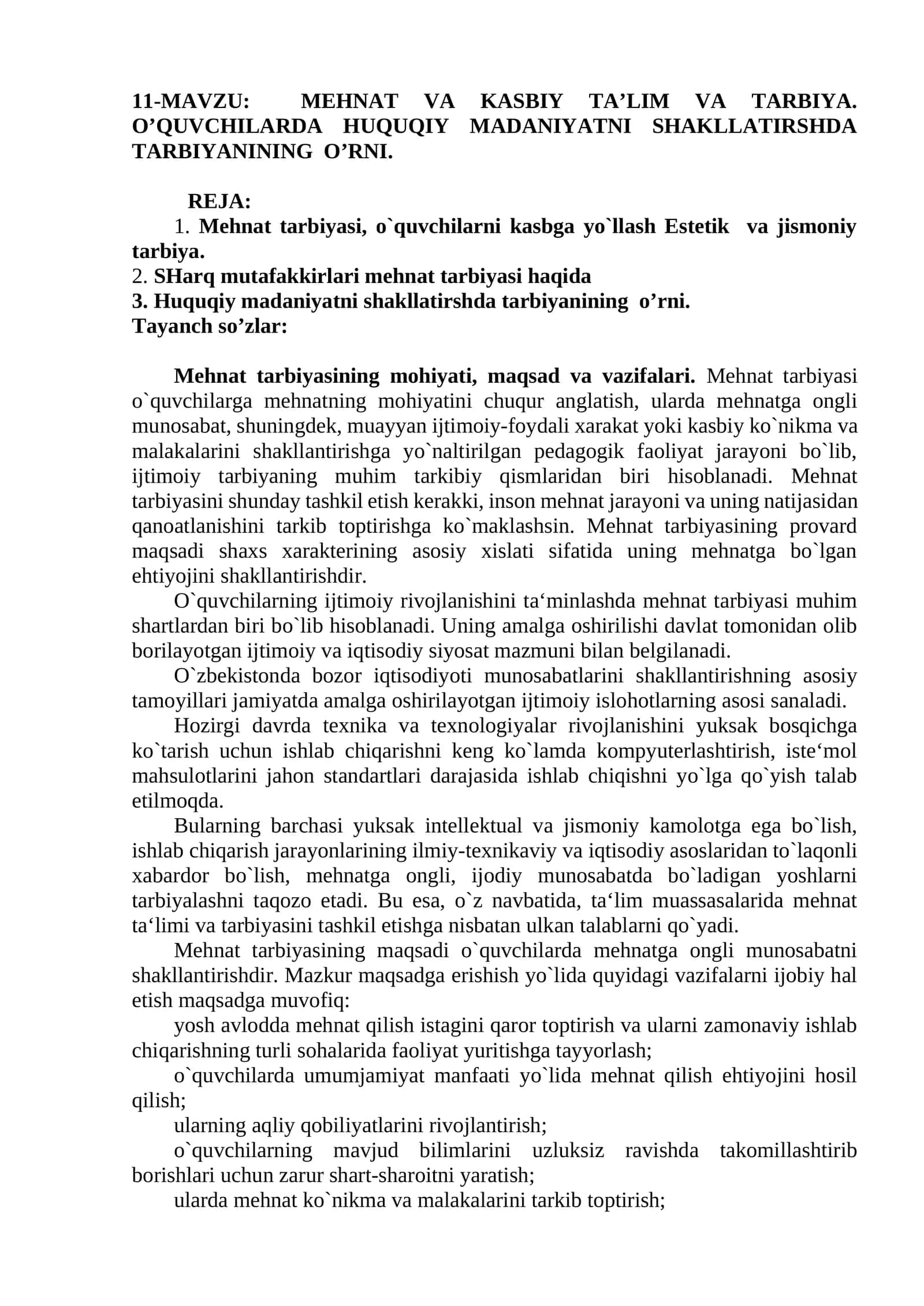 MEHNAT VA KASBIY TA’LIM VA TARBIYA