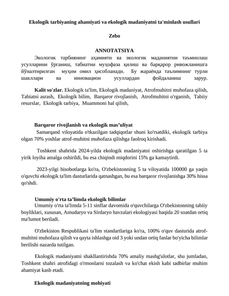 Ekologik tarbiyaning ahamiyati va ekologik madaniyatni ta'minlash usullari