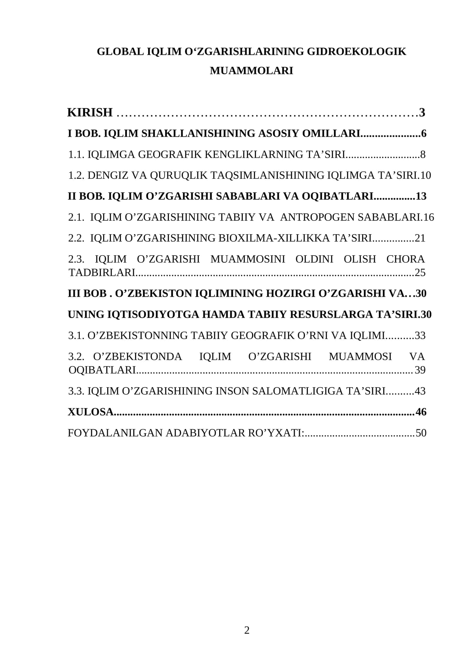 Global iqlim o‘zgarishlarining gidroekologik muammolari