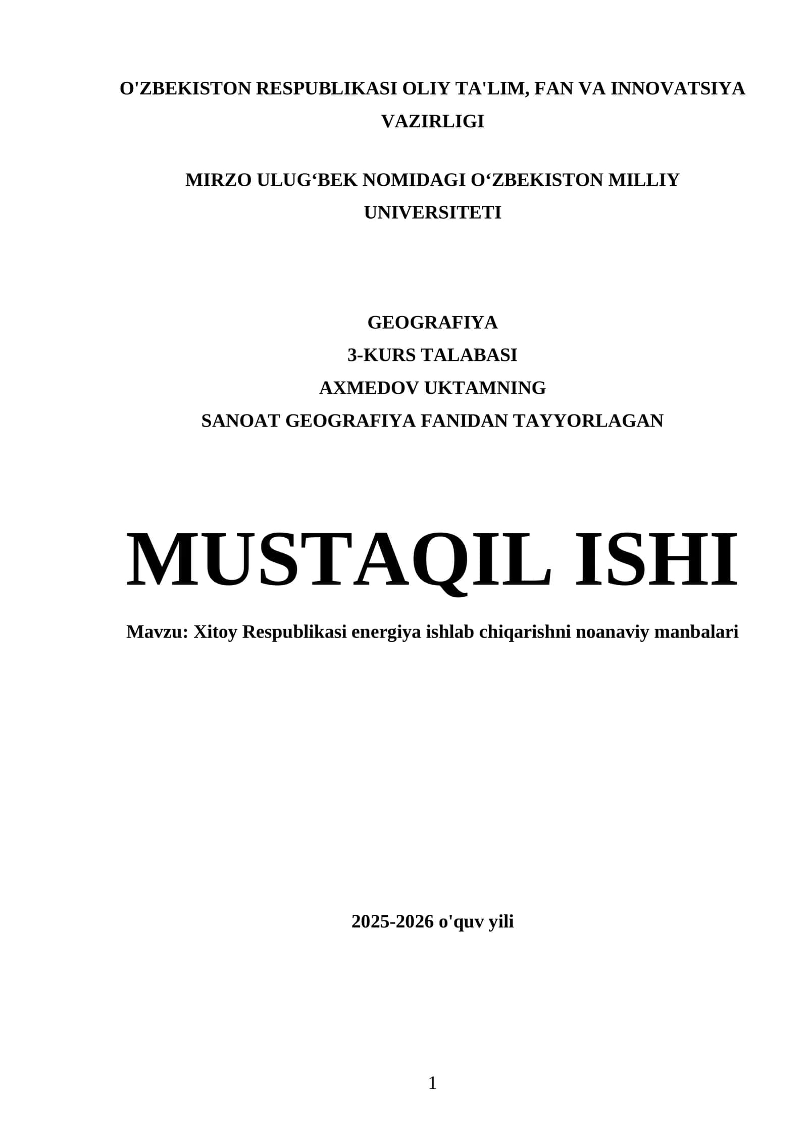 Xitoy Respublikasi energiya ishlab chiqarishni noanaviy manbalari