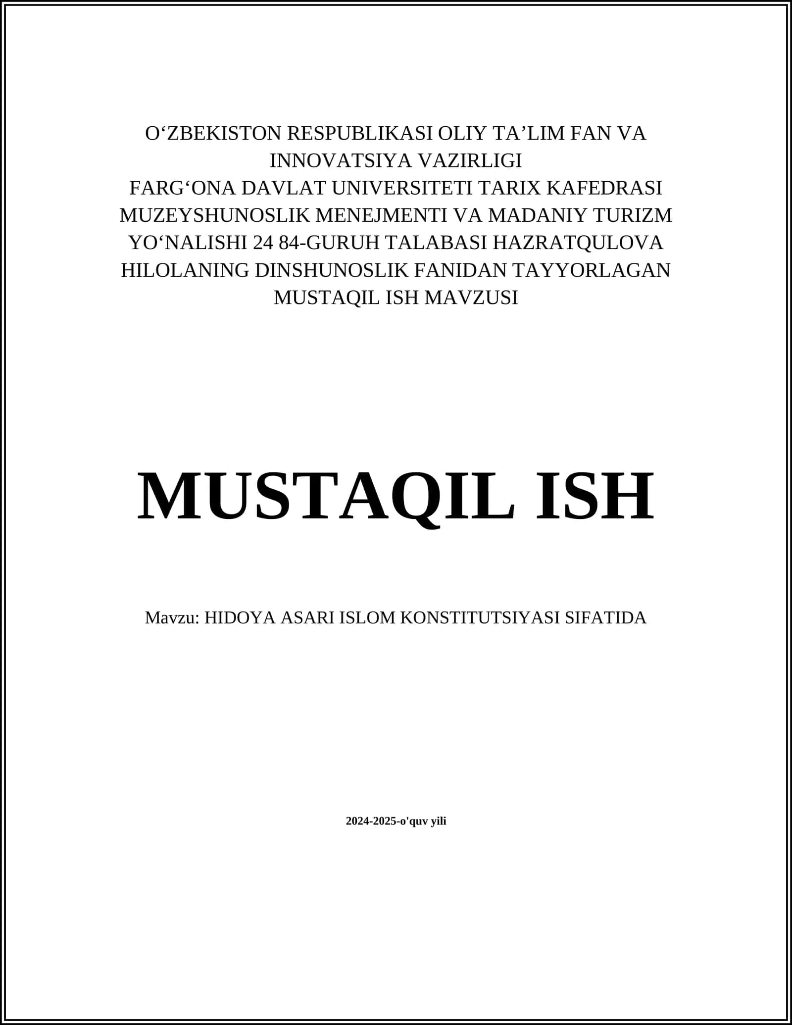 HIDOYA ASARI ISLOM KONSTITUTSIYASI SIFATIDA