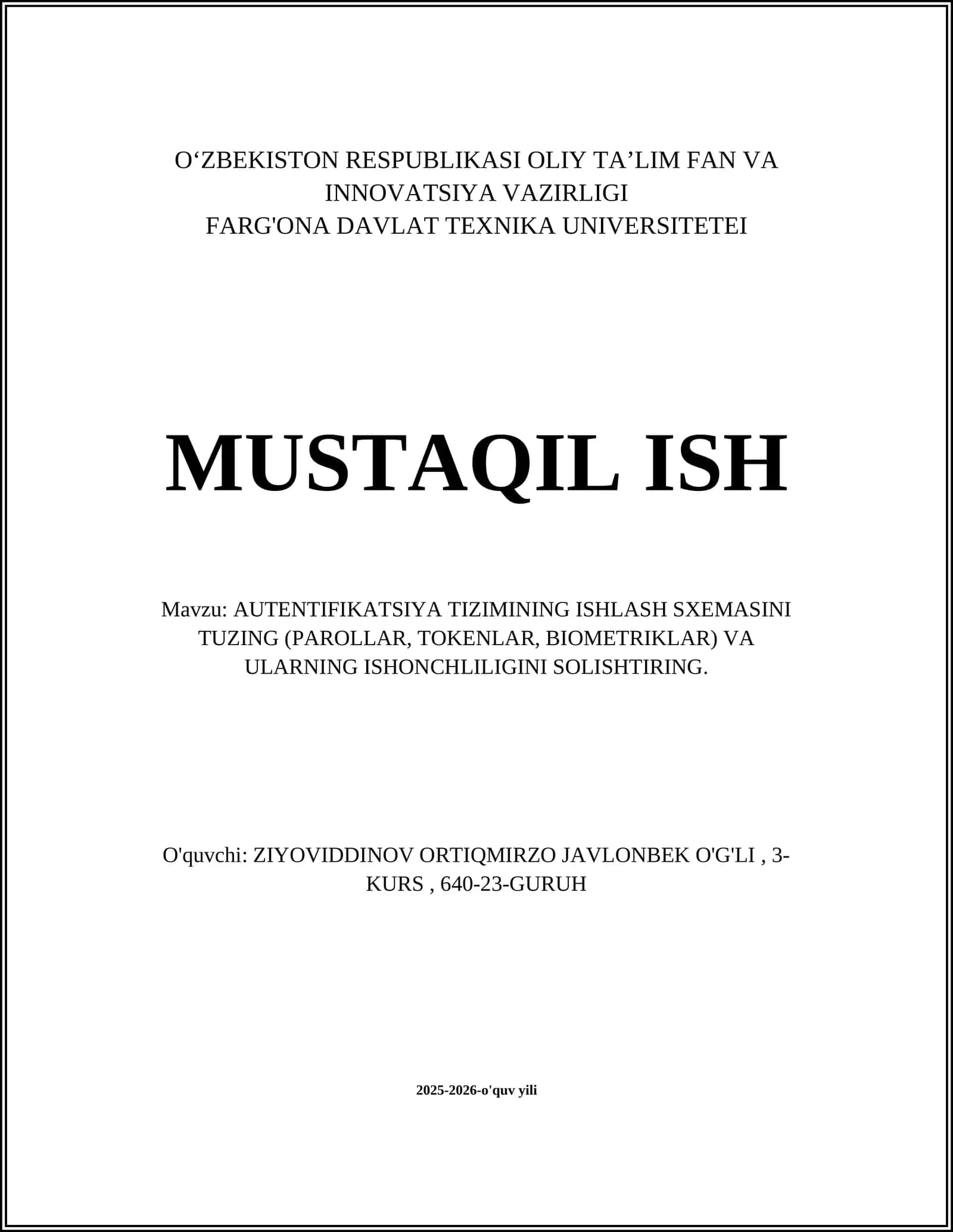 AUTENTIFIKATSIYA TIZIMINING ISHLASH SXEMASI