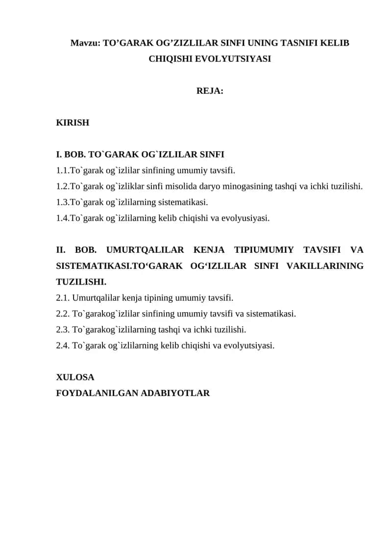 TO’GARAK OG’ZIZLILAR SINFI UNING TASNIFI KELIB CHIQISHI EVOLYUTSIYASI