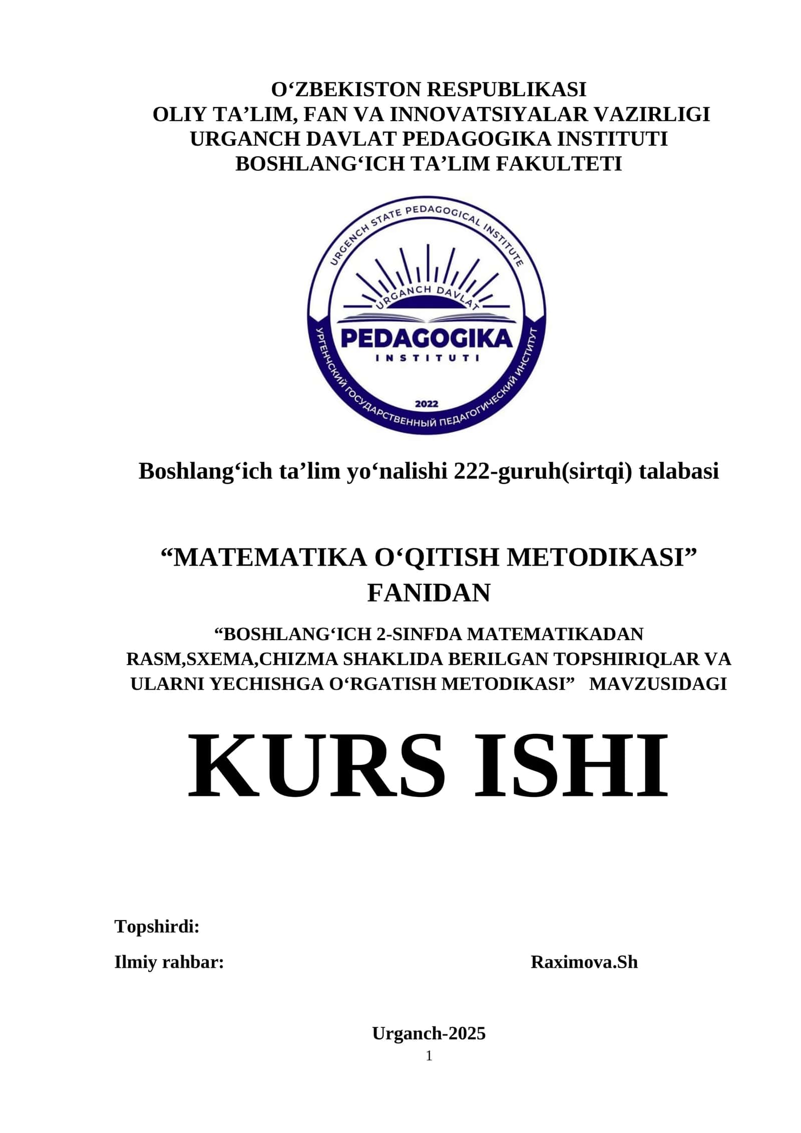 BOSHLANGʻICH 2-SINFDA MATEMATIKADAN RASM,SXEMA,CHIZMA SHAKLIDA BERILGAN TOPSHIRIQLAR VA ULARNI YECHISHGA OʻRGATISH METODIKASI