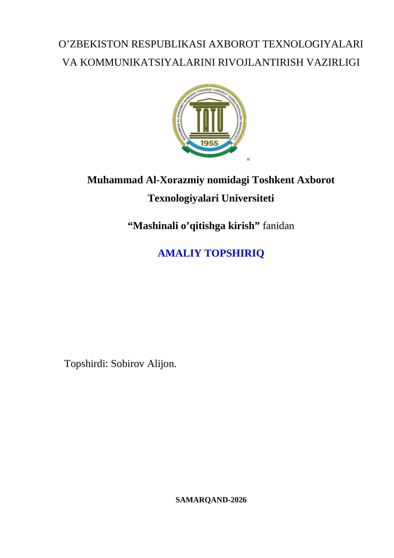 Mashinali o’qitishga kirish