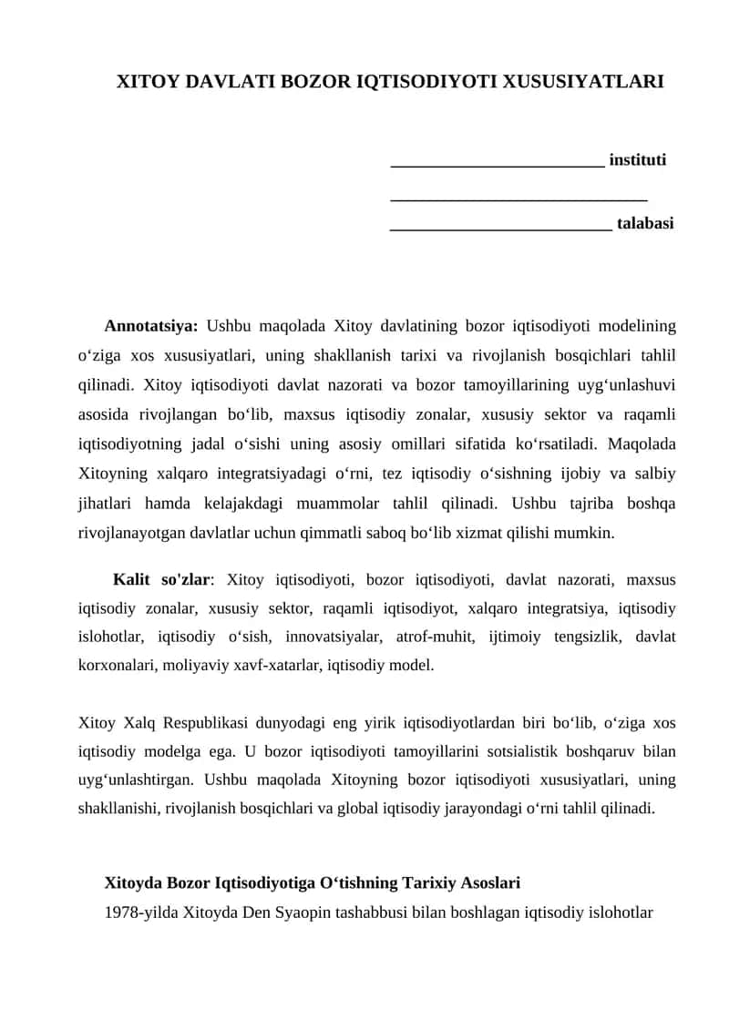 XITOY DAVLATI BOZOR IQTISODIYOTI XUSUSIYATLARI