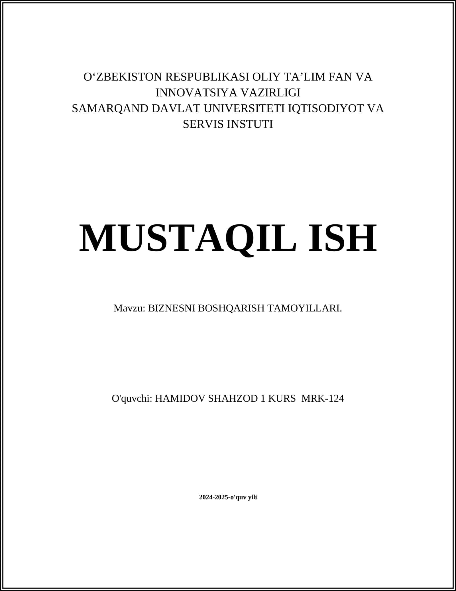 BIZNESNI BOSHQARISH TAMOYILLARI