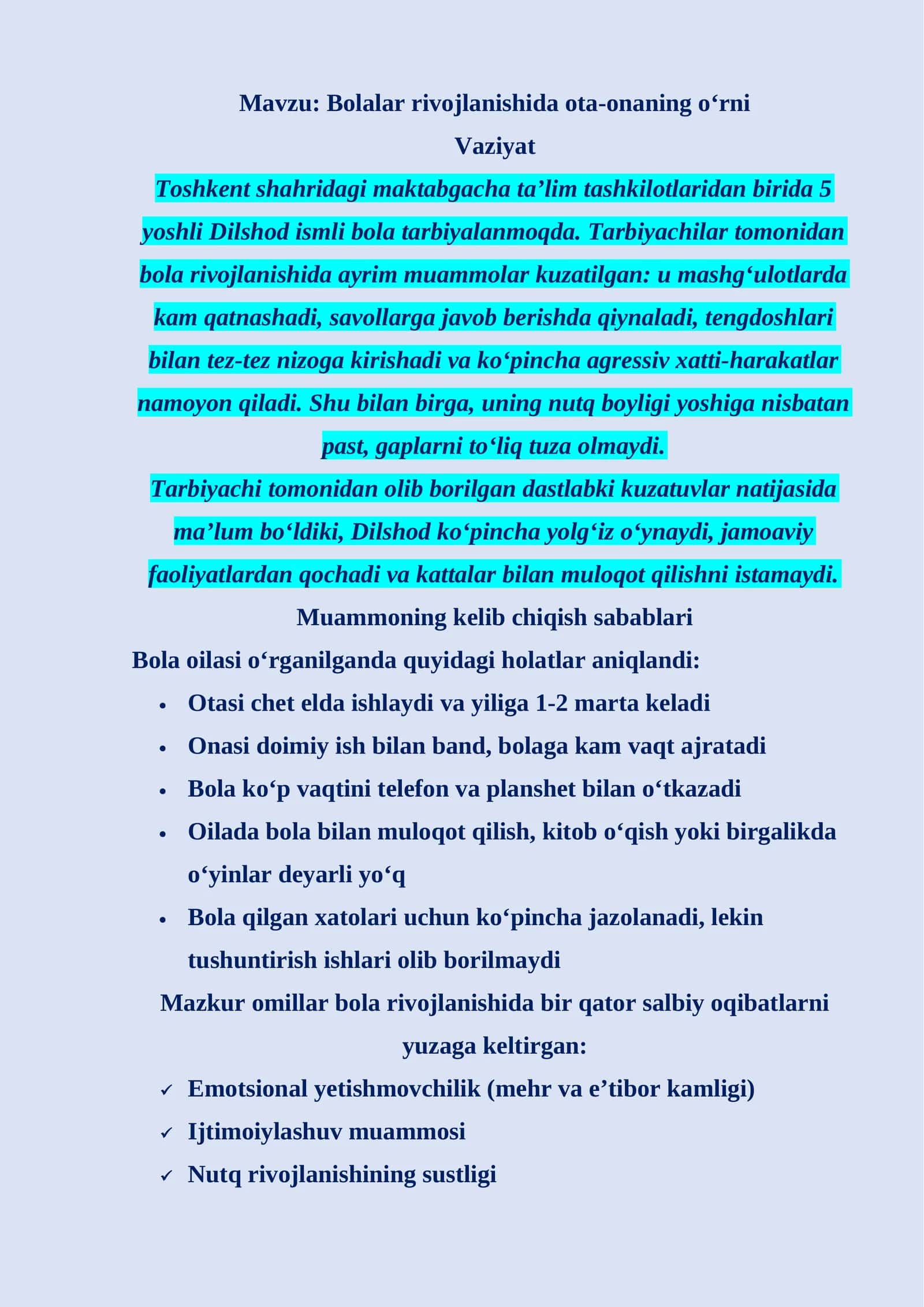 Bolalar rivojlanishida ota-onaning o‘rni