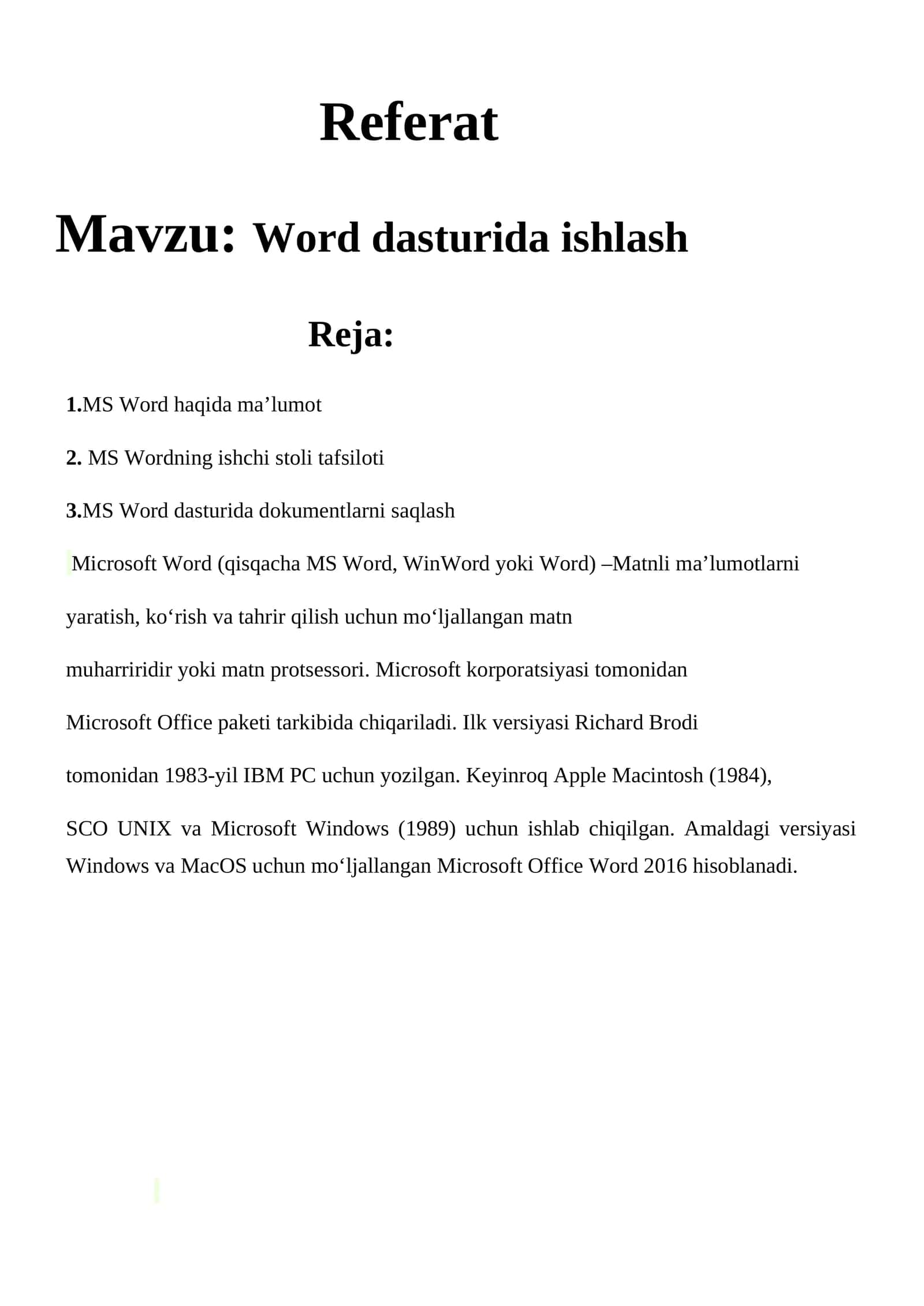 Word dasturida ishlash boʻyicha referat