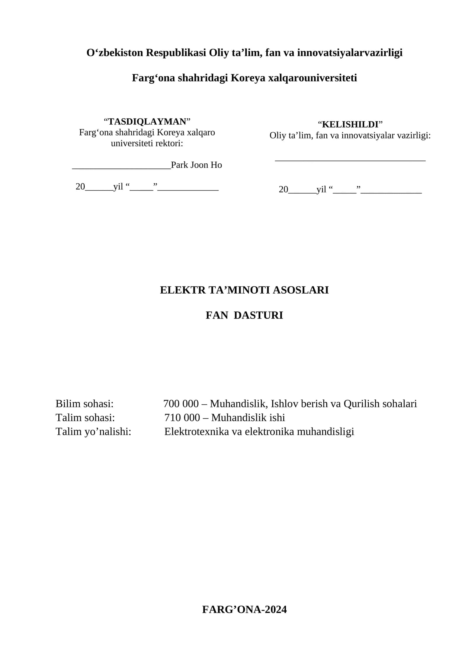ELEKTR TA’MINOTI ASOSLARI FAN DASTURI