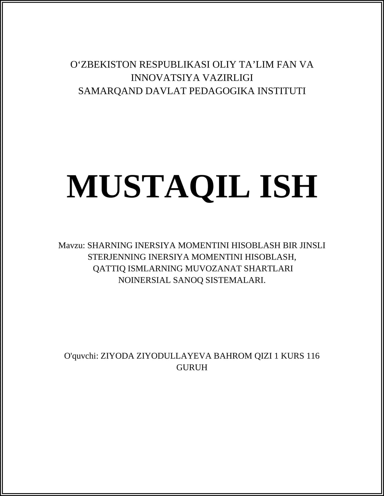 SHARNING INERSIYA MOMENTINI HISOBLASH BIR JINSLI STERJENNING INERSIYA MOMENTINI HISOBLASH