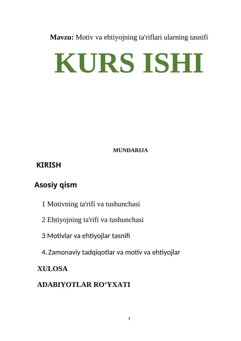 Motiv va ehtiyojning ta'riflari ularning tasnifi