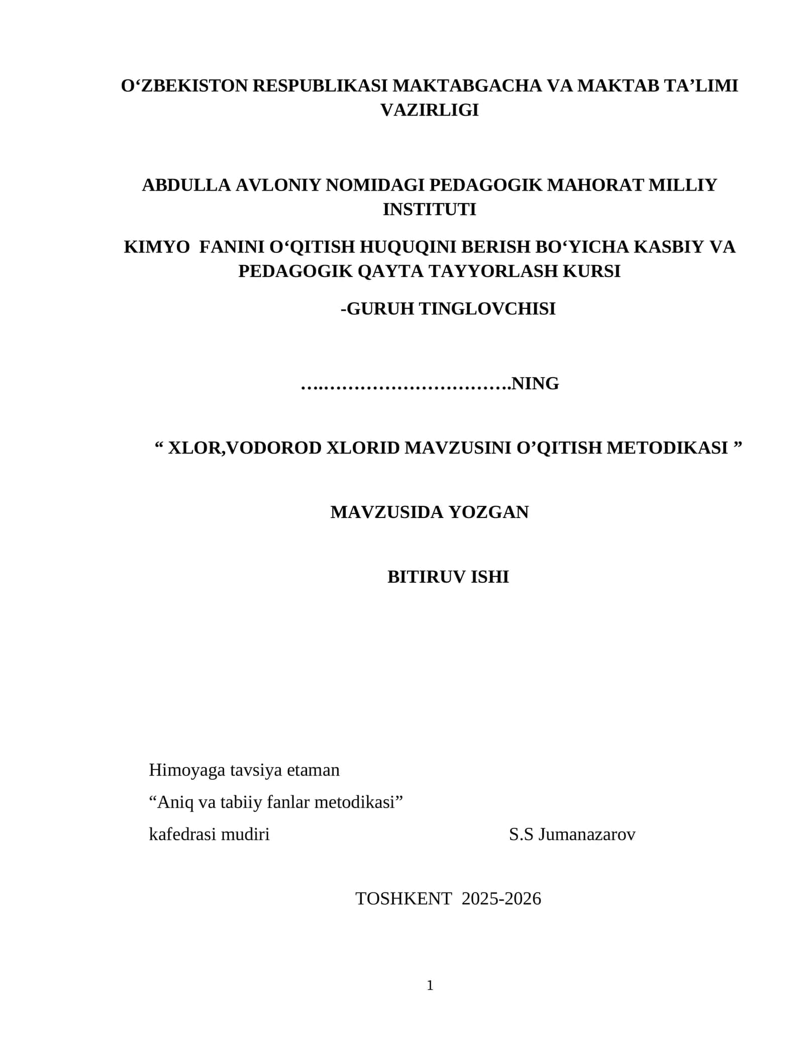 "XLOR, VODOROD XLORID MAVZUSINI O’QITISH METODIKASI"
