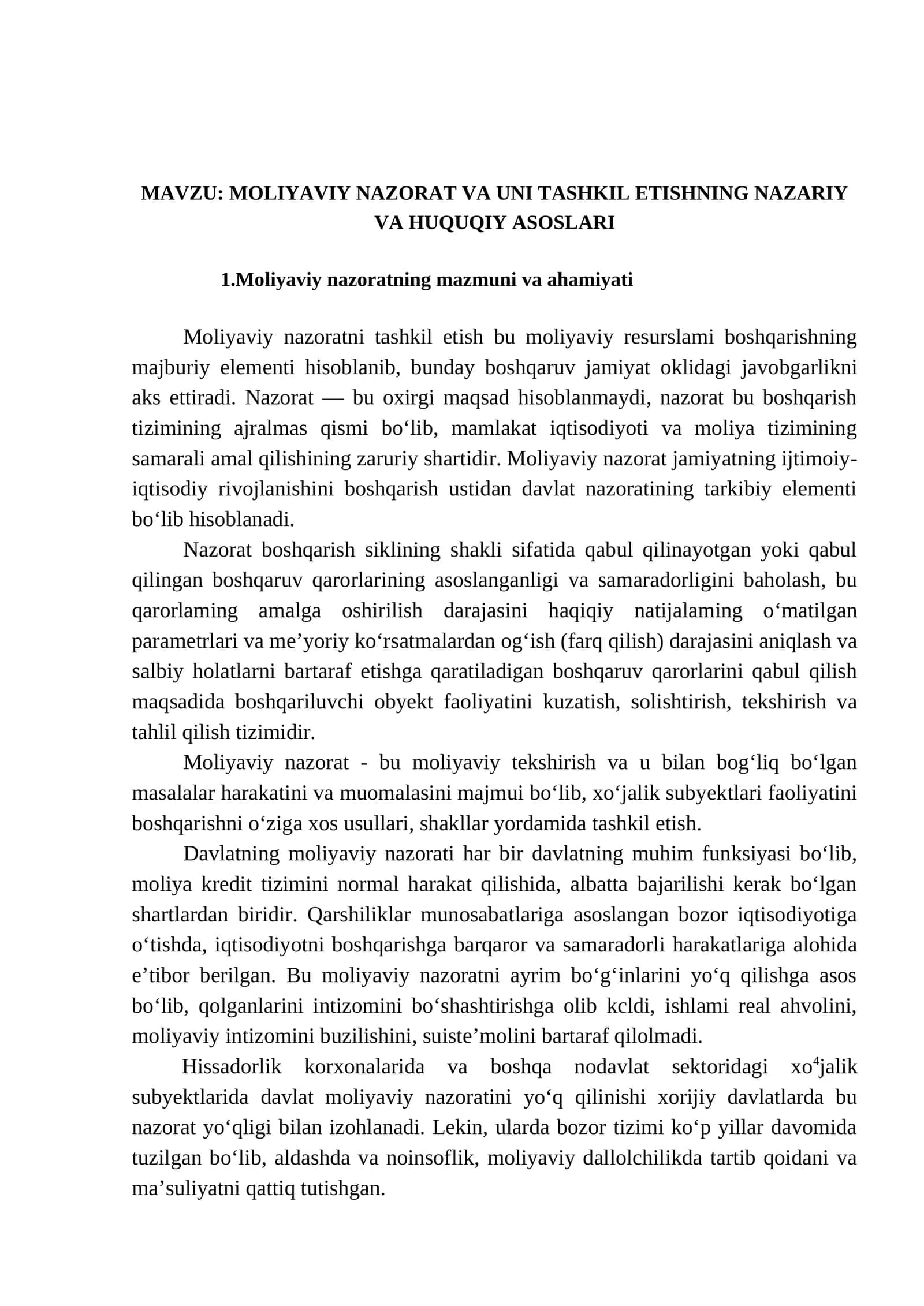 MOLIYAVIY NAZORAT VA UNI TASHKIL ETISHNING NAZARIY VA HUQUQIY ASOSLARI