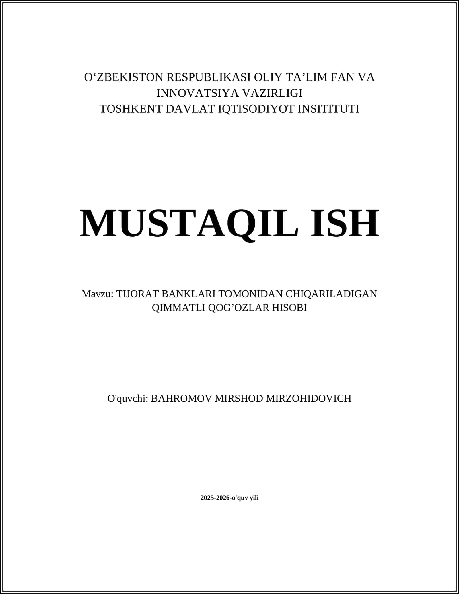 TIJORAT BANKLARI TOMONIDAN CHIQARILADIGAN QIMMATLI QOG’OZLAR HISOBI