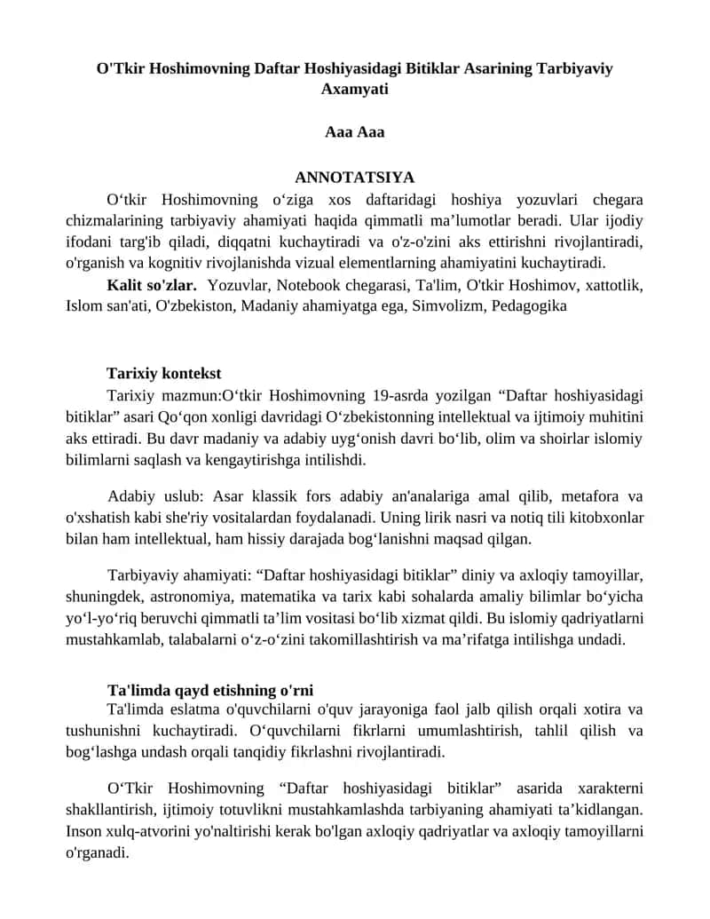 O'Tkir Hoshimovning Daftar Hoshiyasidagi Bitiklar Asarining Tarbiyaviy Axamyati