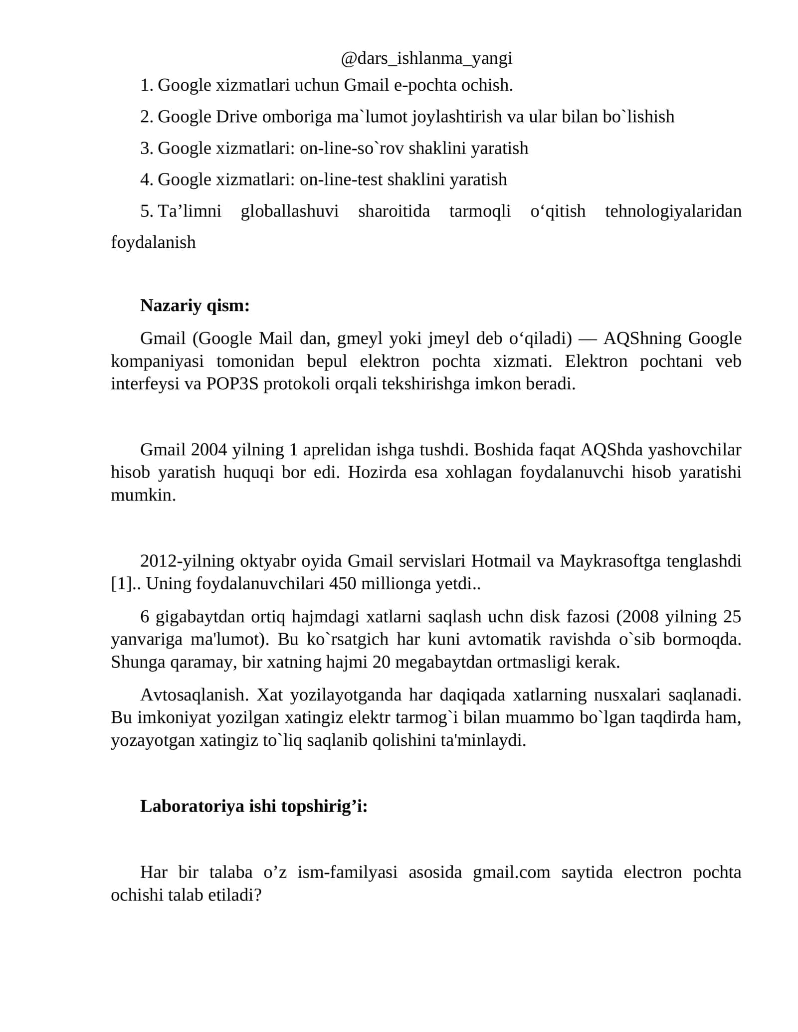 Google xizmatlari uchun Gmail e-pochta ochish