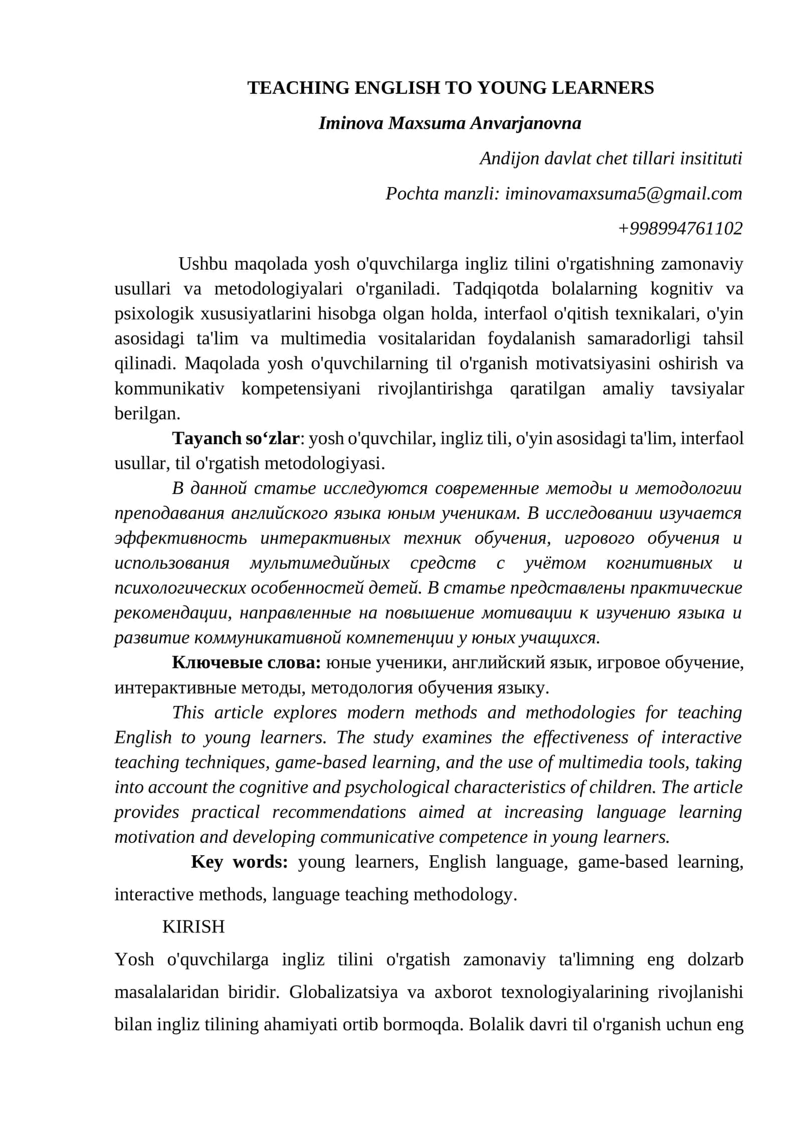 O'quvchilarga ingliz tilini o'rgatishning zamonaviy usullari va metodologiyalari